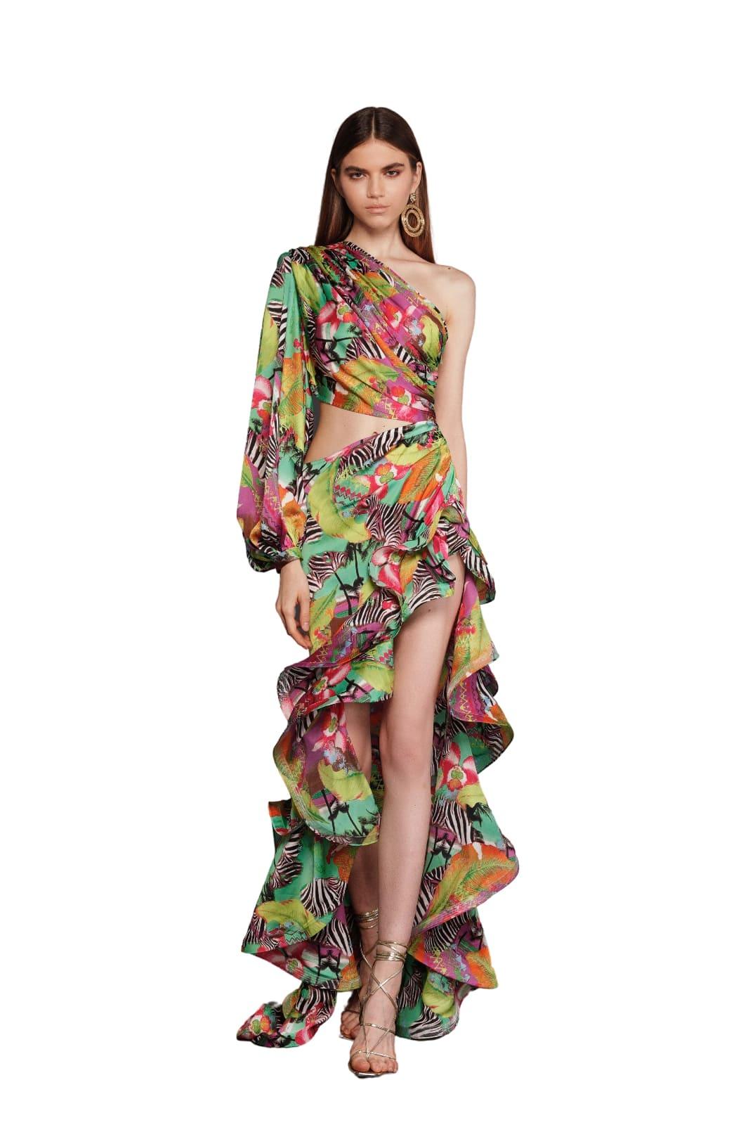 One Sleeve Floral Ruffle Maxi Dress Hot Pink Lime HV1389