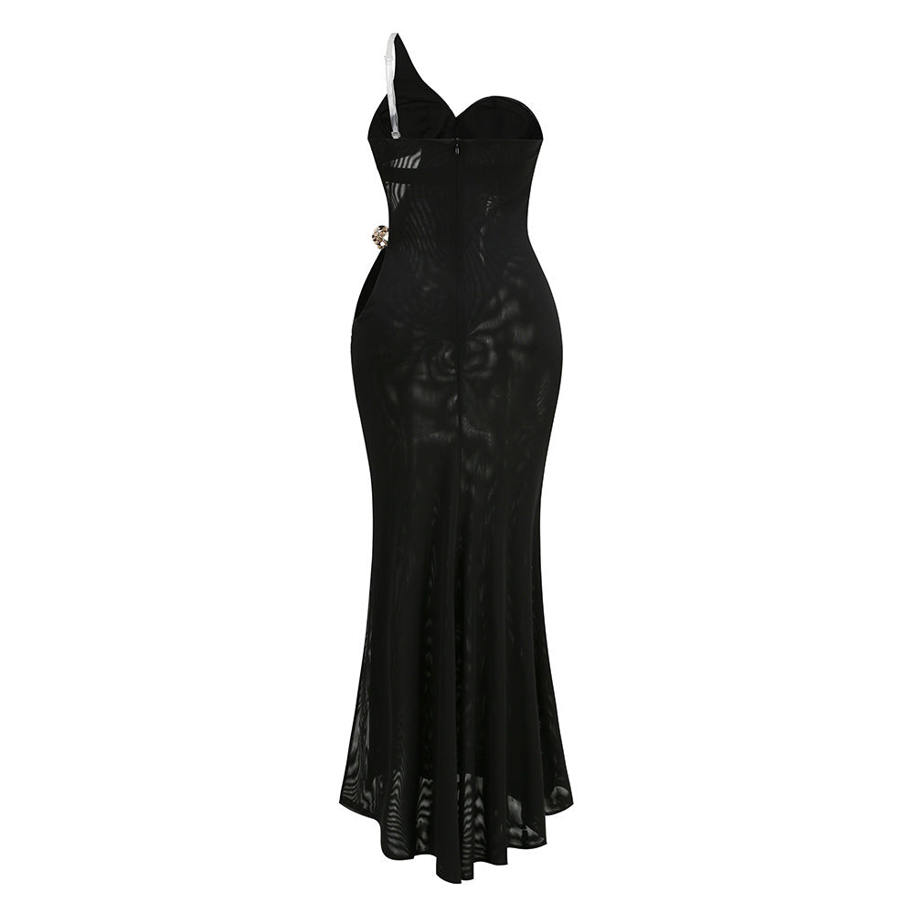 One Shoulder Draped Maxi Dress Black Gold HV2763