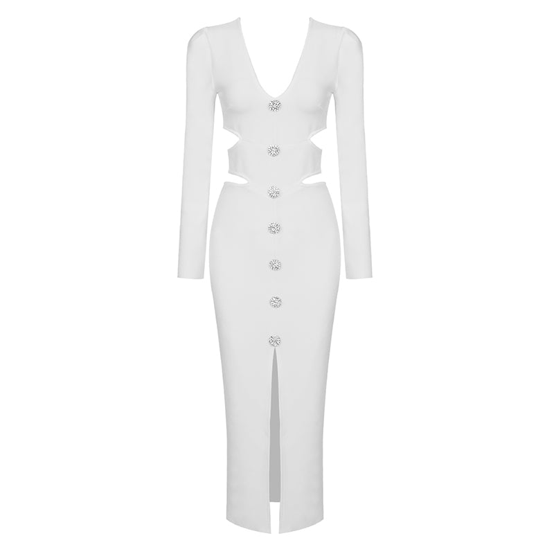 Long Sleeve Cut Out Midi Dress White HV8256