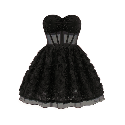 Strapless 3D Floral A Line Dress Black HV2156