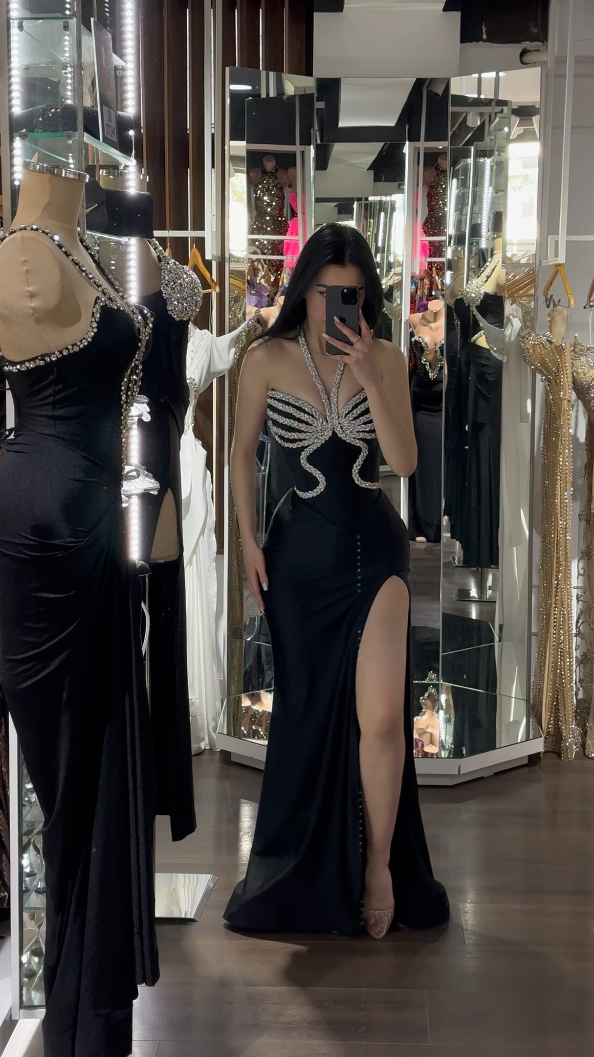 Halter Embellished Trim Maxi Velvet Dress Black HV1603