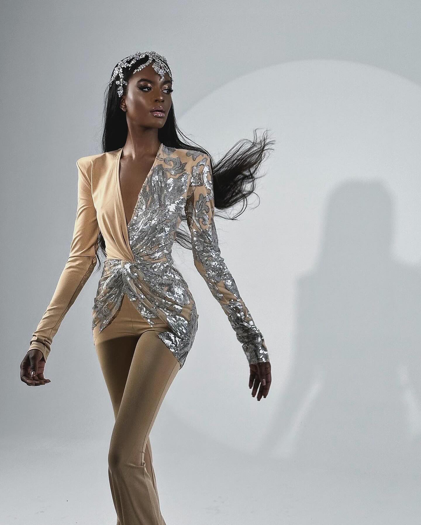 Long Sleeve Sequin Jumpsuit Sand Silver HV2059
