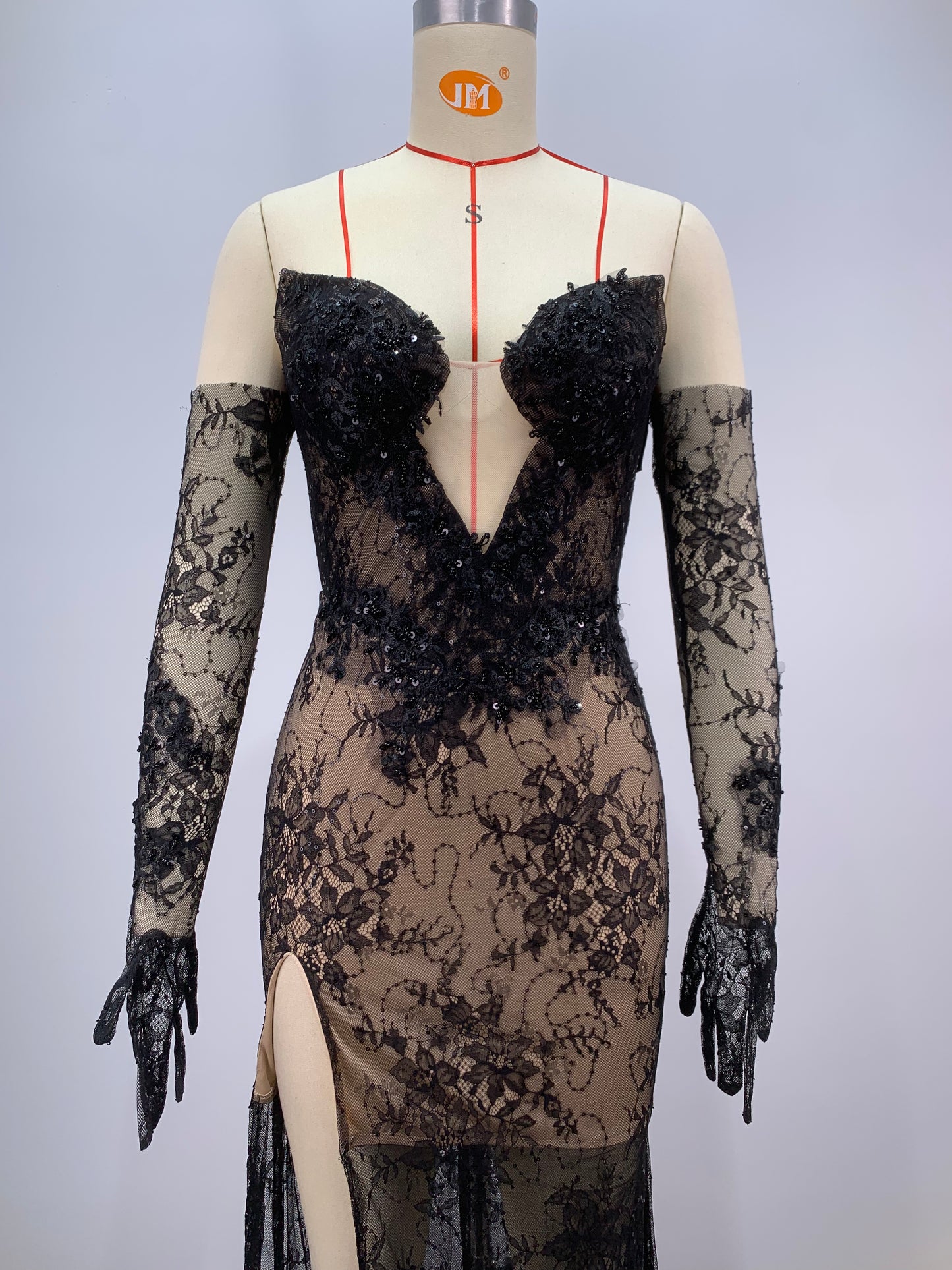 Strapless Sequin Lace Maxi Dress Black HV1630