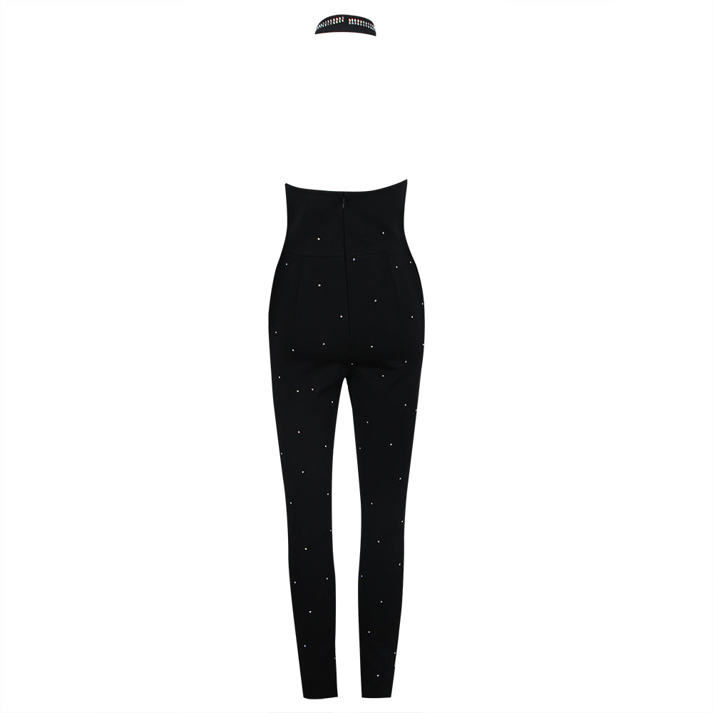 Halter Rhinestone Lace Up Jumpsuit HV9286
