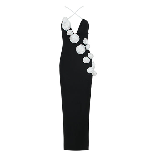 Flower Detail Pearl Straps Maxi Dress  HV9874