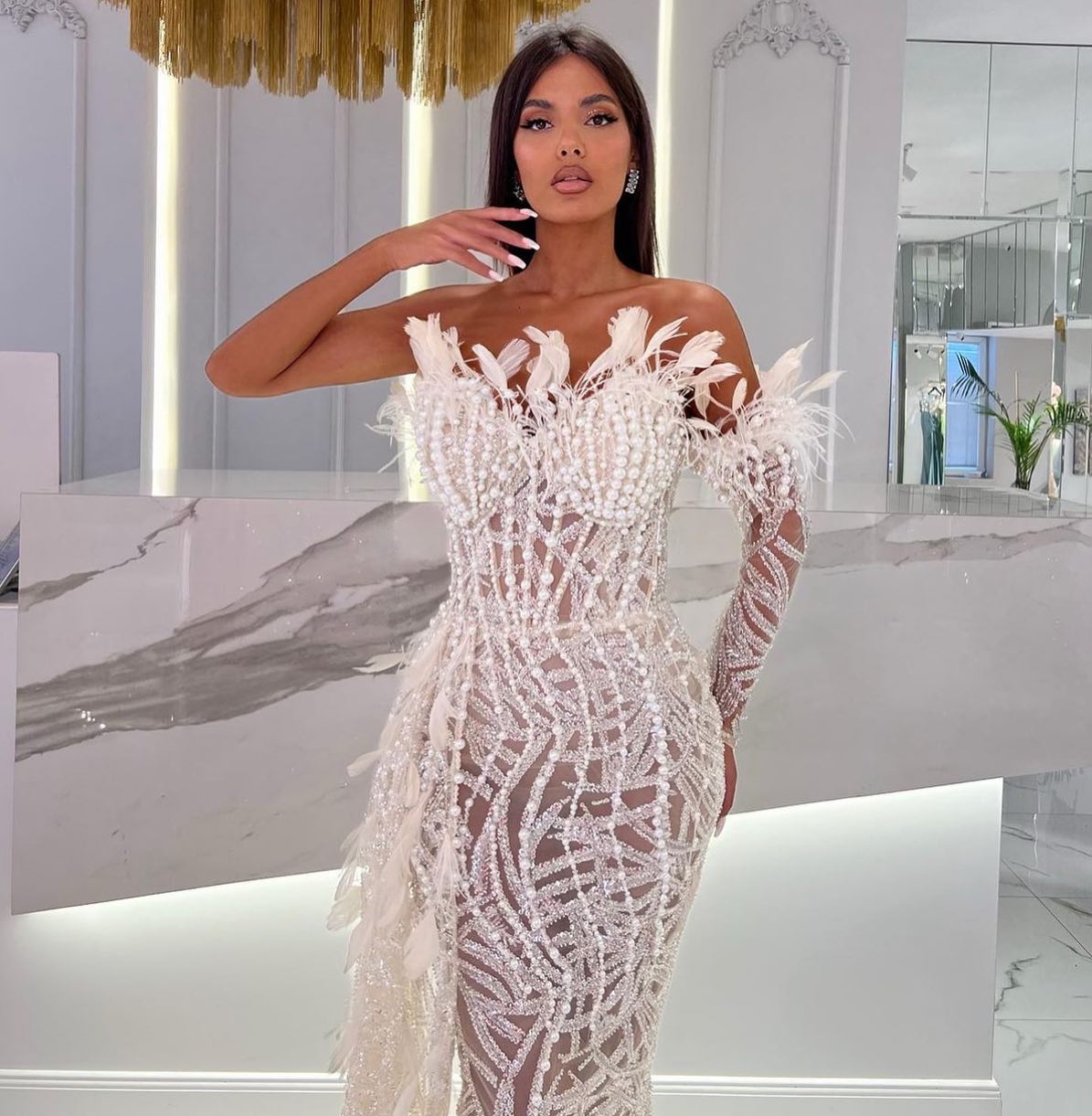 One Sleeve Strapless Bustier Embellished Dress White HV1267