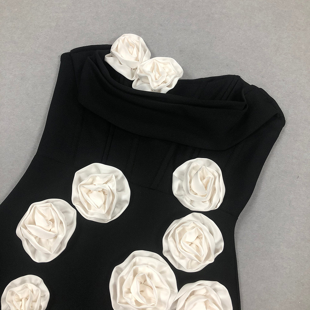 Strapless Floral Corset Maxi Dress Black White HV1703
