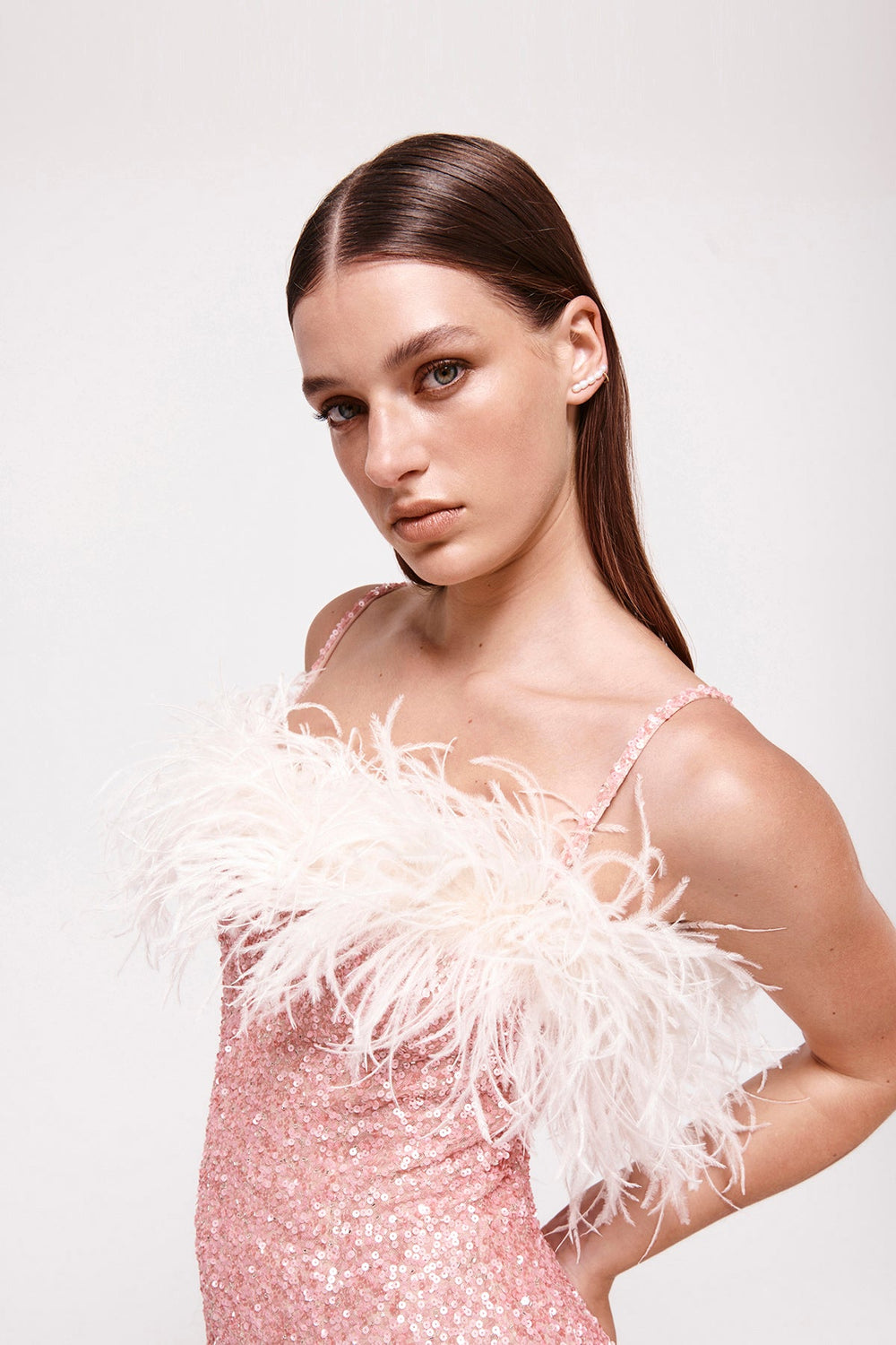 Feather Detail Sequin Midi Dress Pink White