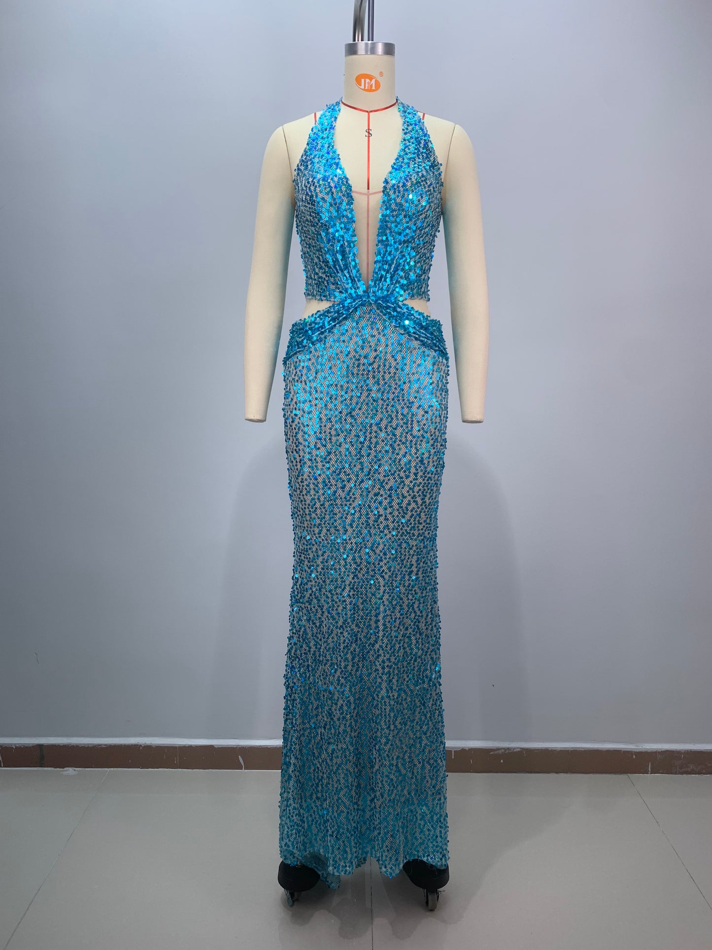 Halter Sequin Maxi Dress Turquoise HV1539