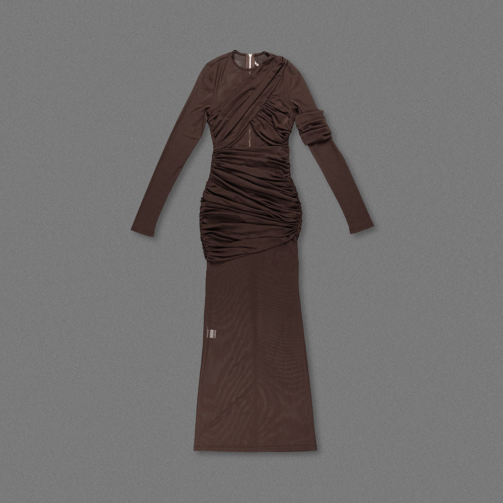 Long Sleeve Mesh Insert Draped Maxi Dress Brown HV1977