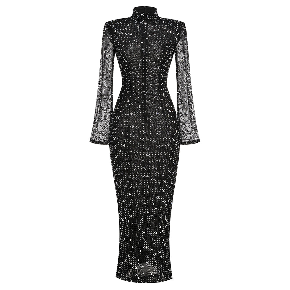 Long Sleeve Embellished Mermaid Dress Black HV1750