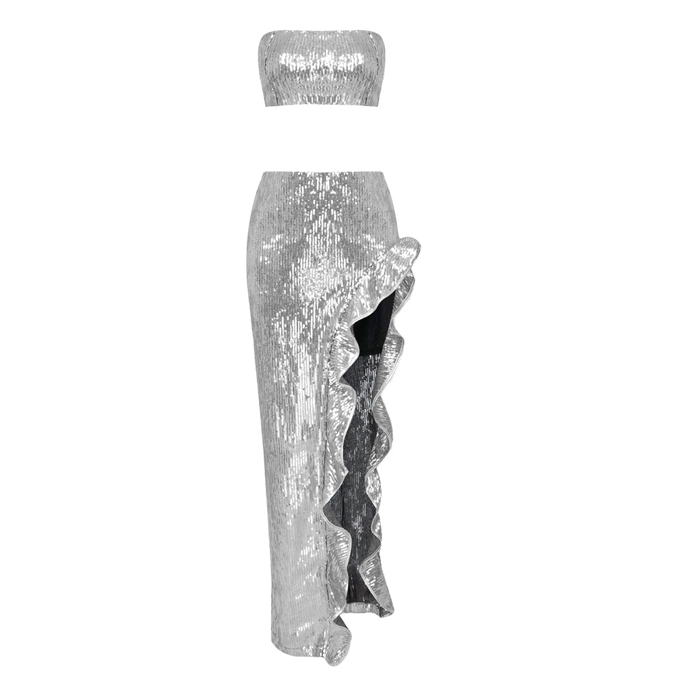 Sequin Draped Two Piece Maxi Dress Silver HV9476