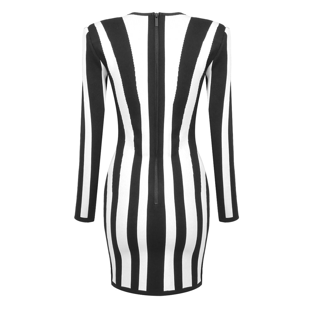 Long Sleeve Bustier Striped Dress Black White HV1805