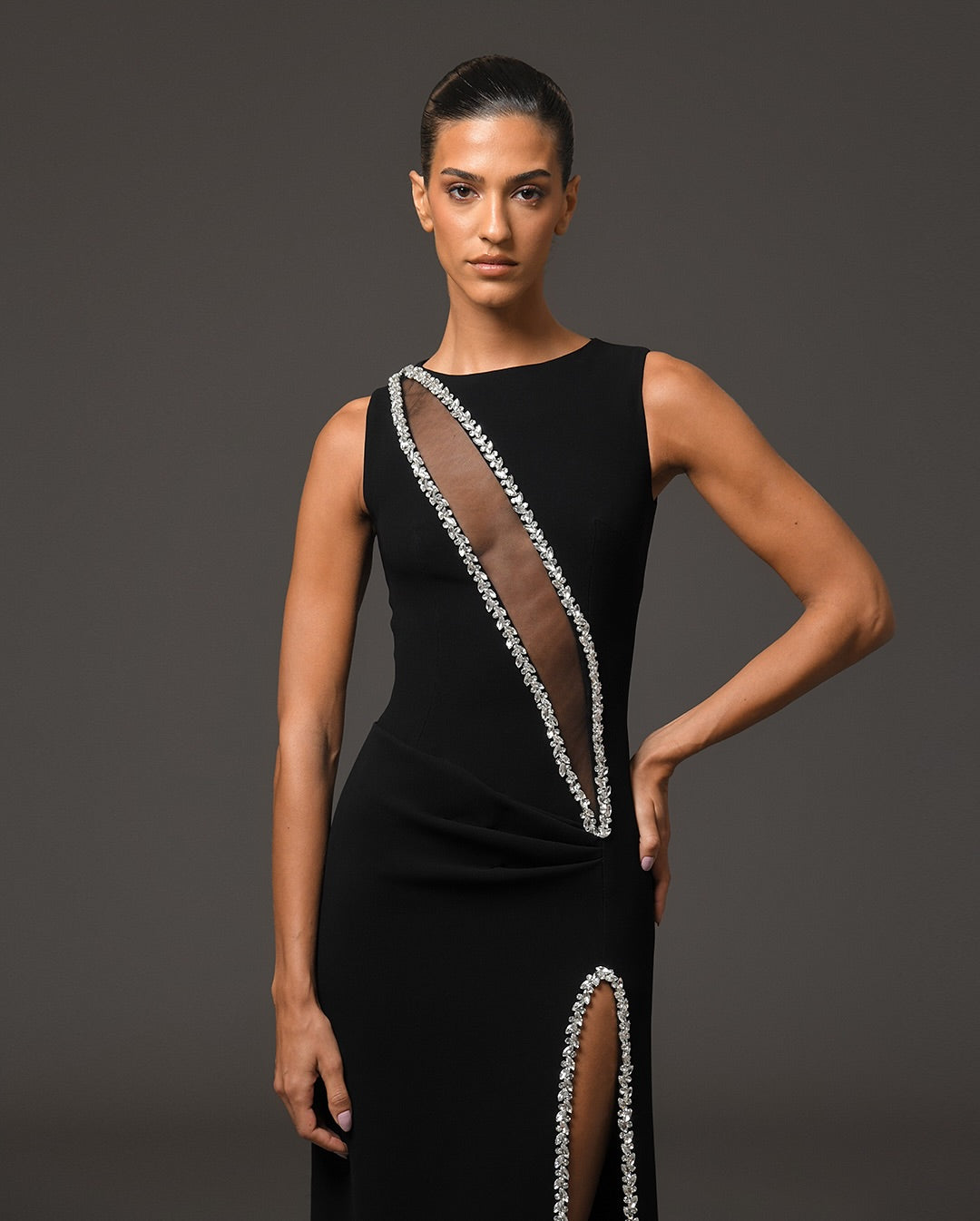 Crystal Mesh Insert Maxi Velvet Dress Black HV2092