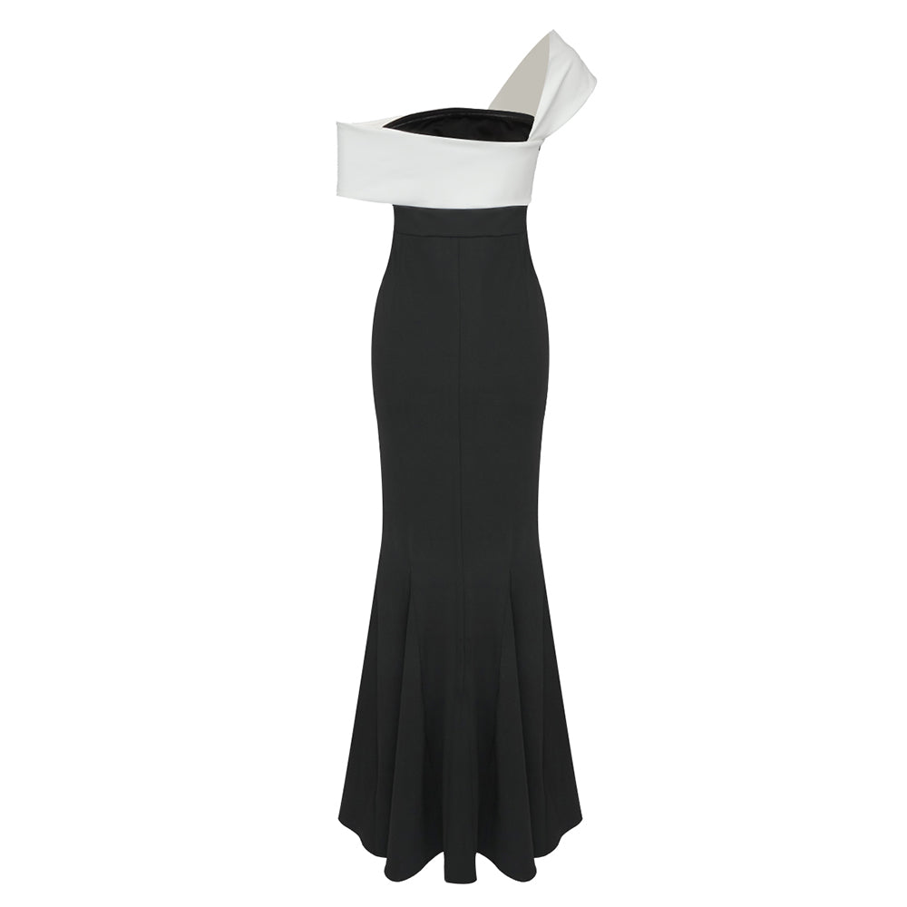 One Shoulder Draped Maxi Dress Black White HV9811