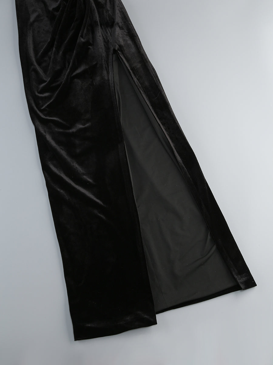 Crystal Chain Maxi Velvet Dress Black