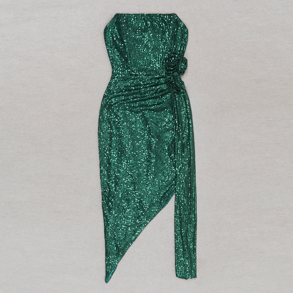 Strapless Draped Sequin Dress Green HV9410