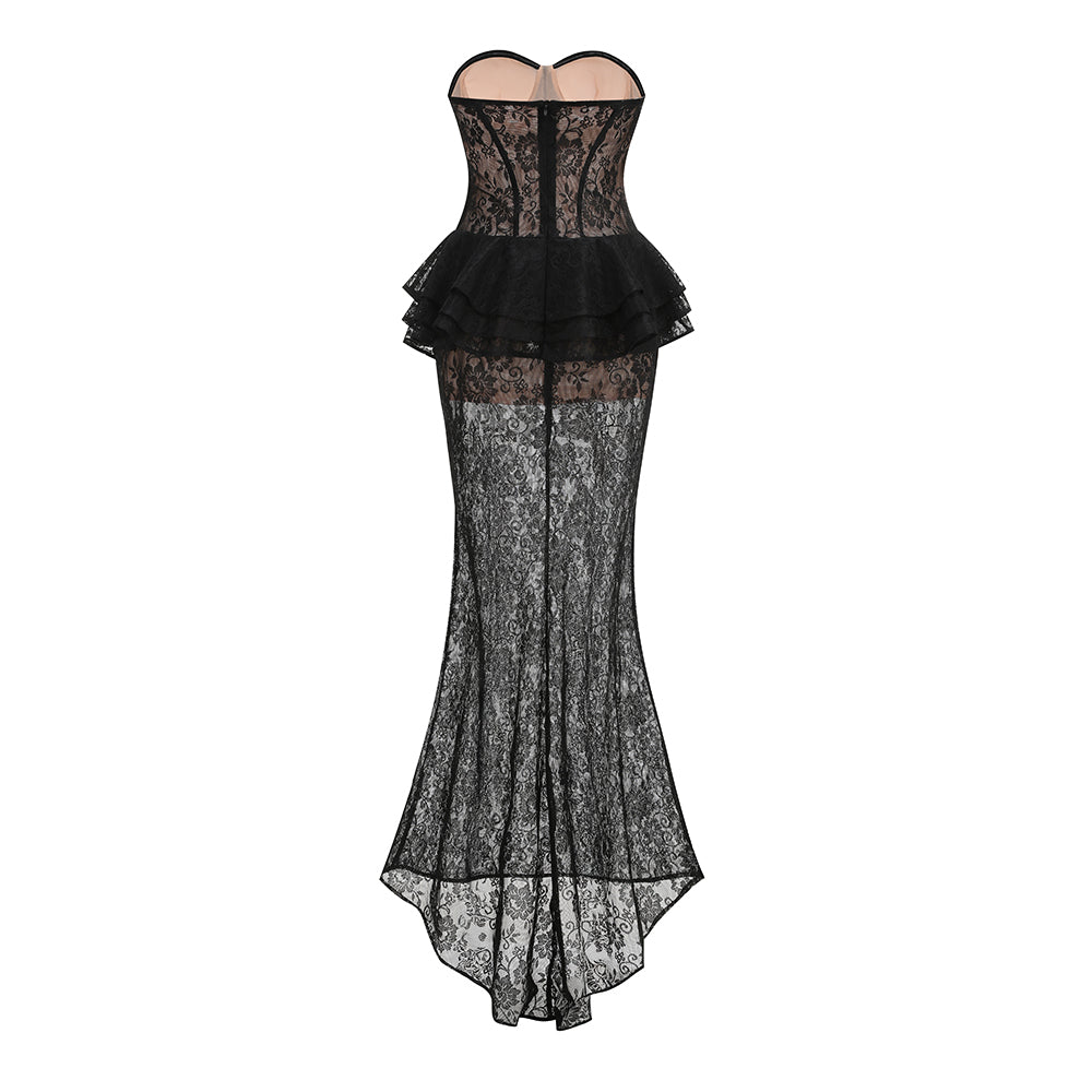 Strapless Lace Bustier Peplum Maxi Dress Black HV3131