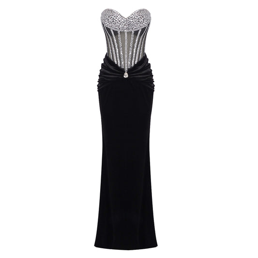 Strapless Crystal Corset Maxi Velvet Dress Black HV1918