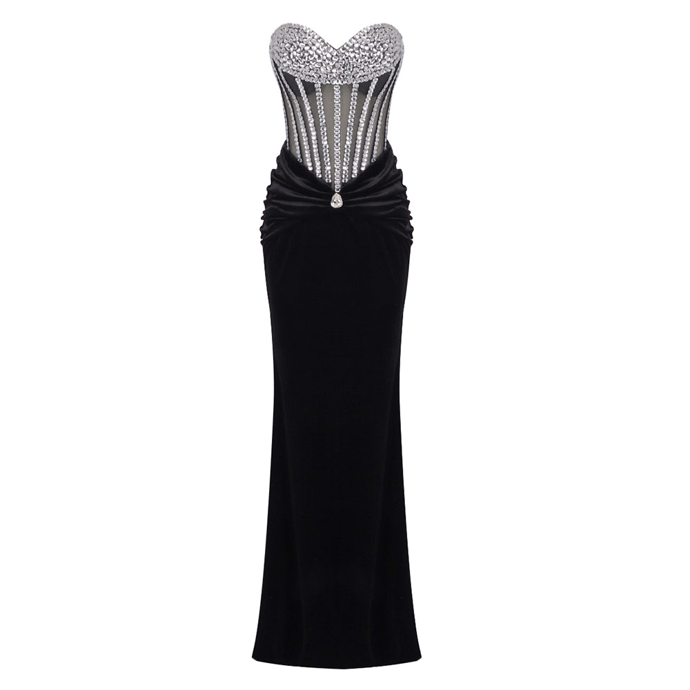 Strapless Crystal Corset Maxi Velvet Dress Black HV1918