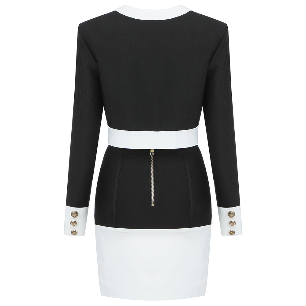 Long Sleeve Button Two Piece Dress Black White HV6907
