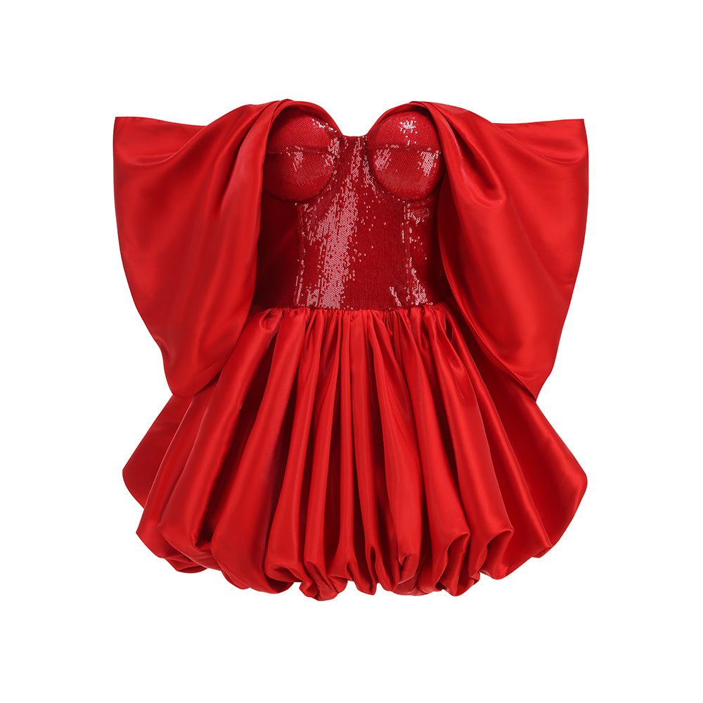 Bardot Sequin Bustier Puff Dress Red