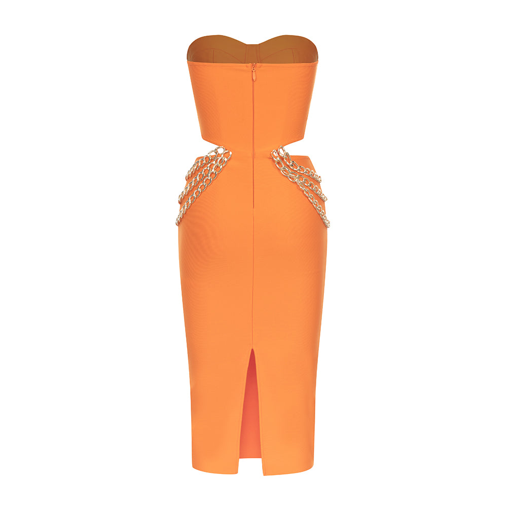 Strapless Bustier Chain Midi Dress Orange HV9453
