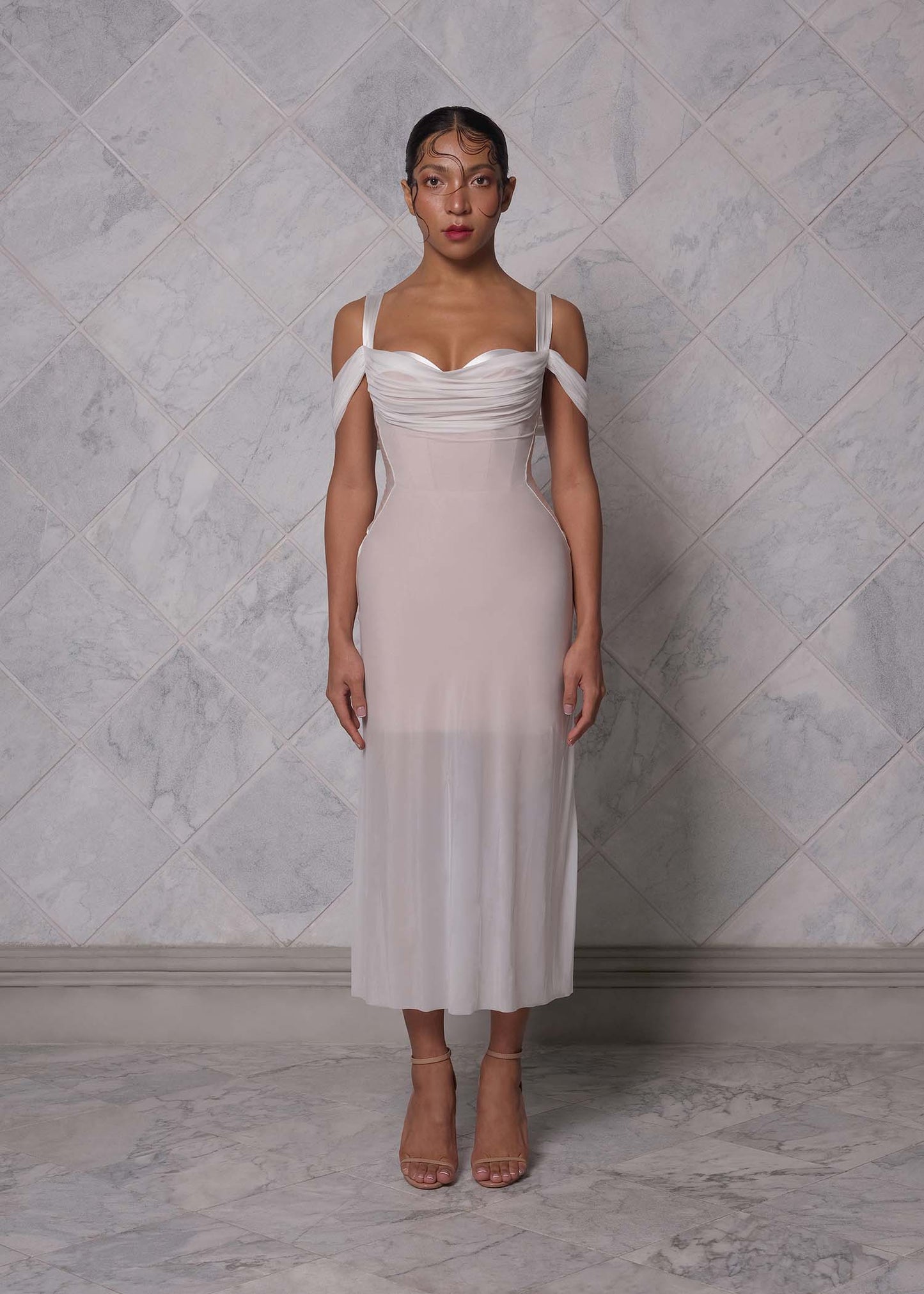Draped Corset Midi Dress White Nude HV1900