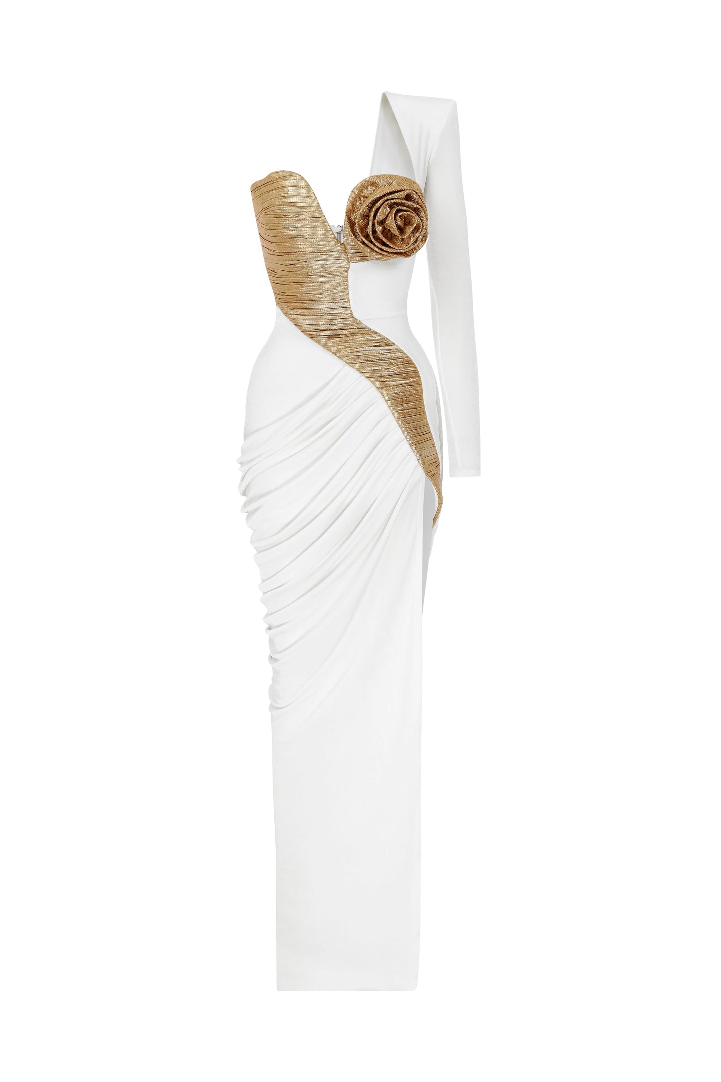 One Sleeve Floral Ruched Maxi Dress White Gold