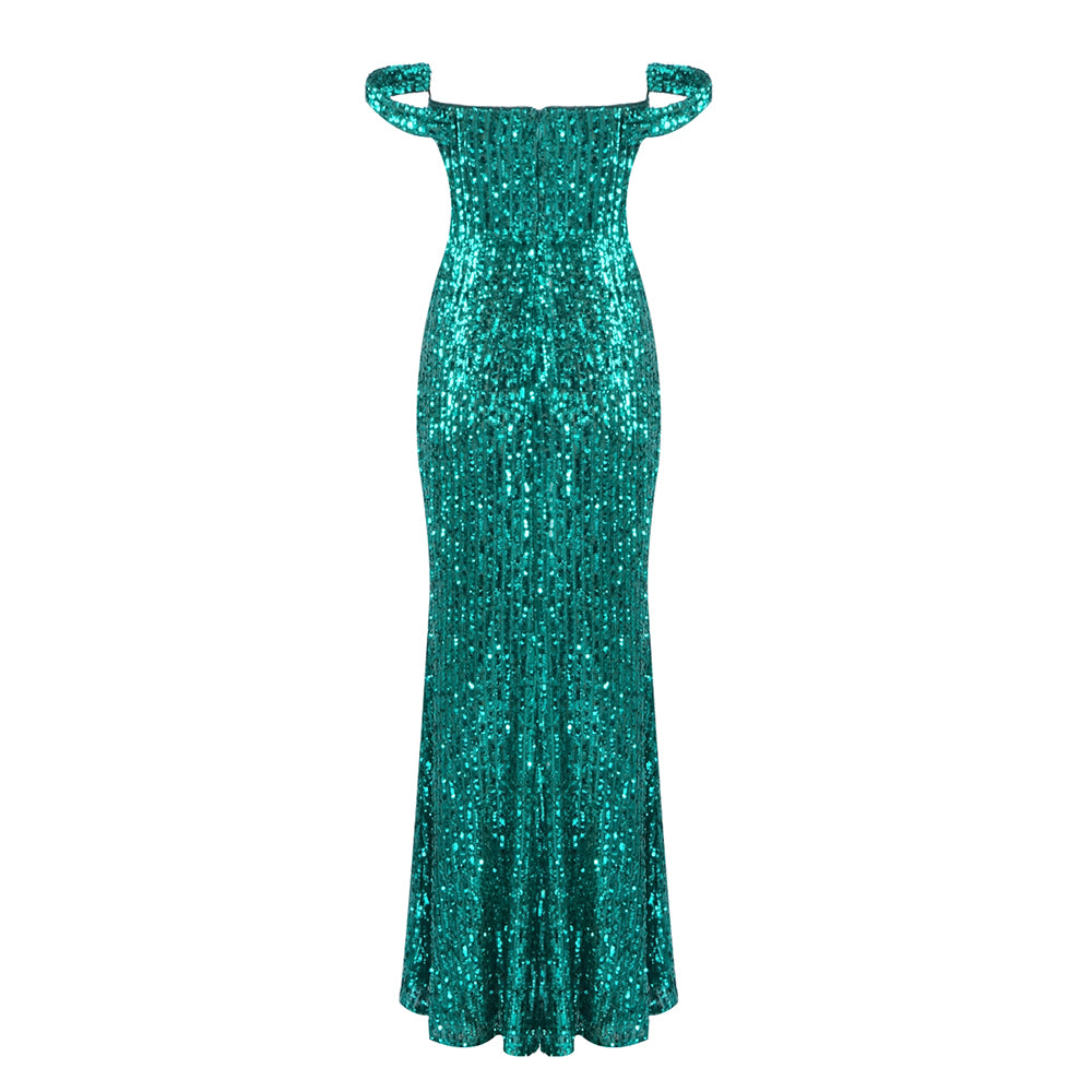 Bardot Bustier Sequin Maxi Dress Green HV2131