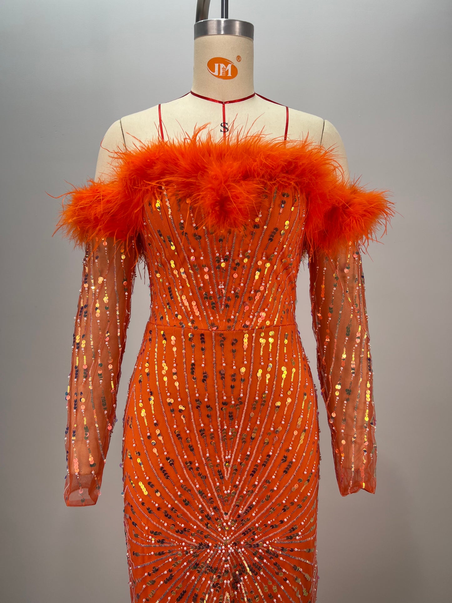 Long Sleeve Feather Bardot Sequin Maxi Dress HV1757