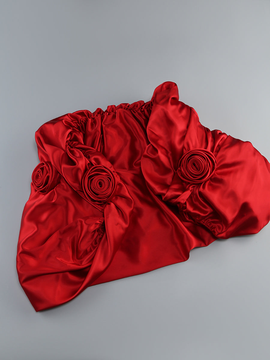 Strapless Floral Puff Detail Corset Maxi Dress Red
