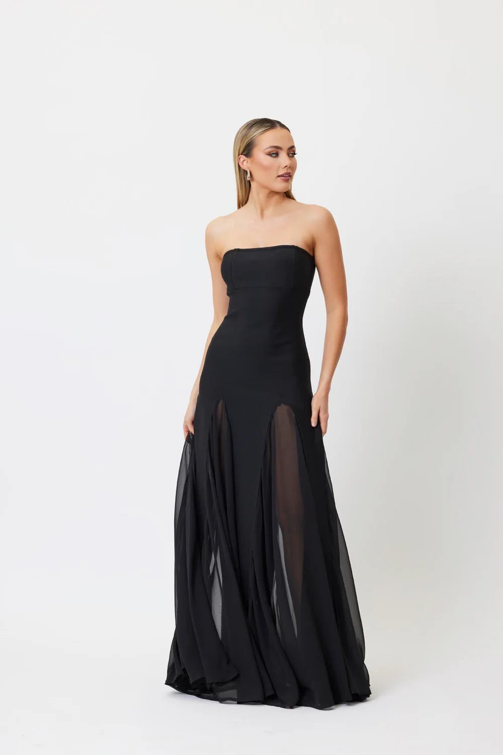 Strapless Mesh Insert A Line Maxi Dress HV1962