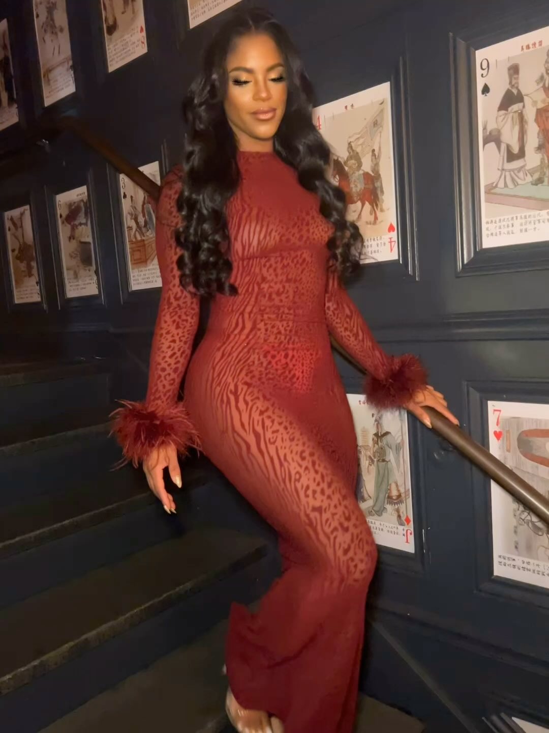 Long Sleeve Backless Maxi Dress Burgundy HV1902
