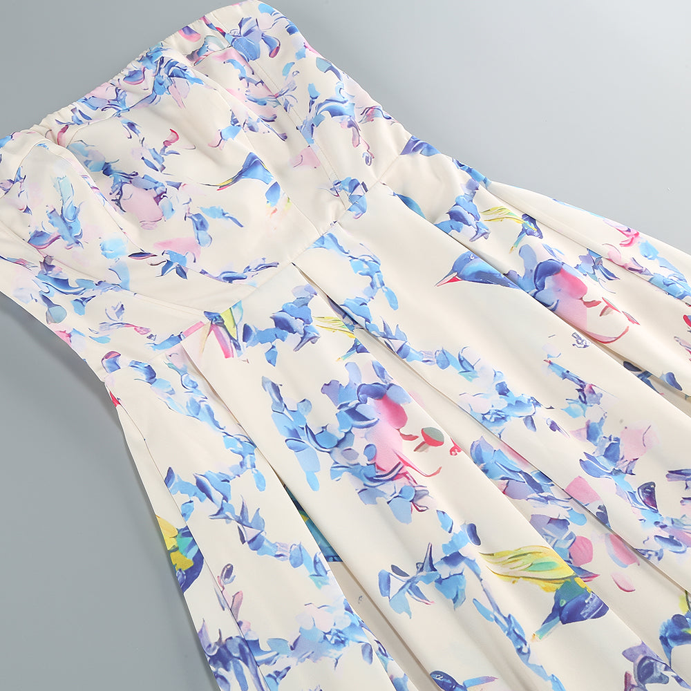 Strapless Floral Corset A Line Midi Dress