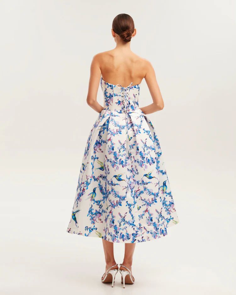 Strapless Floral Corset A Line Midi Dress