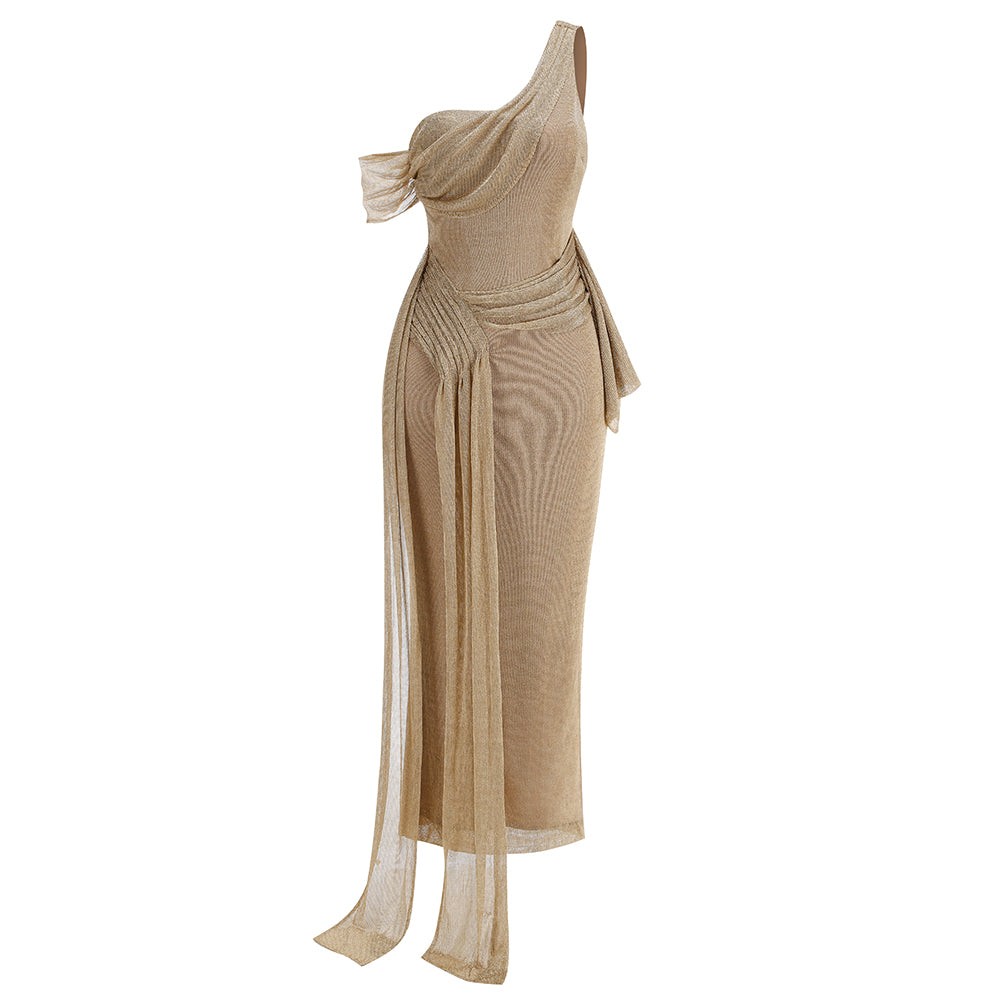 One Shoulder Draped Maxi Dress Gold Nude HV2070