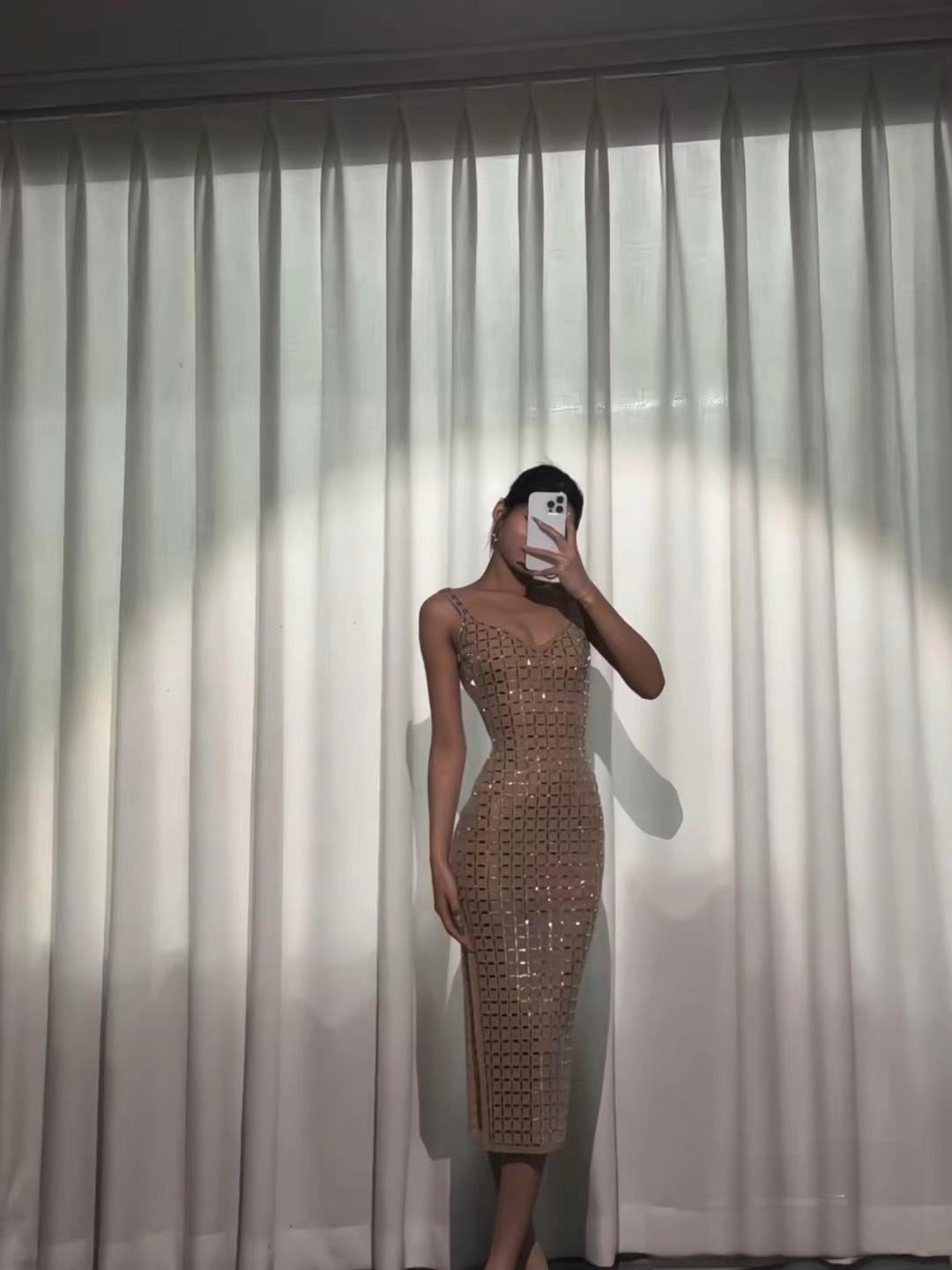 Embellished Backless Midi Dress Nude HV2205