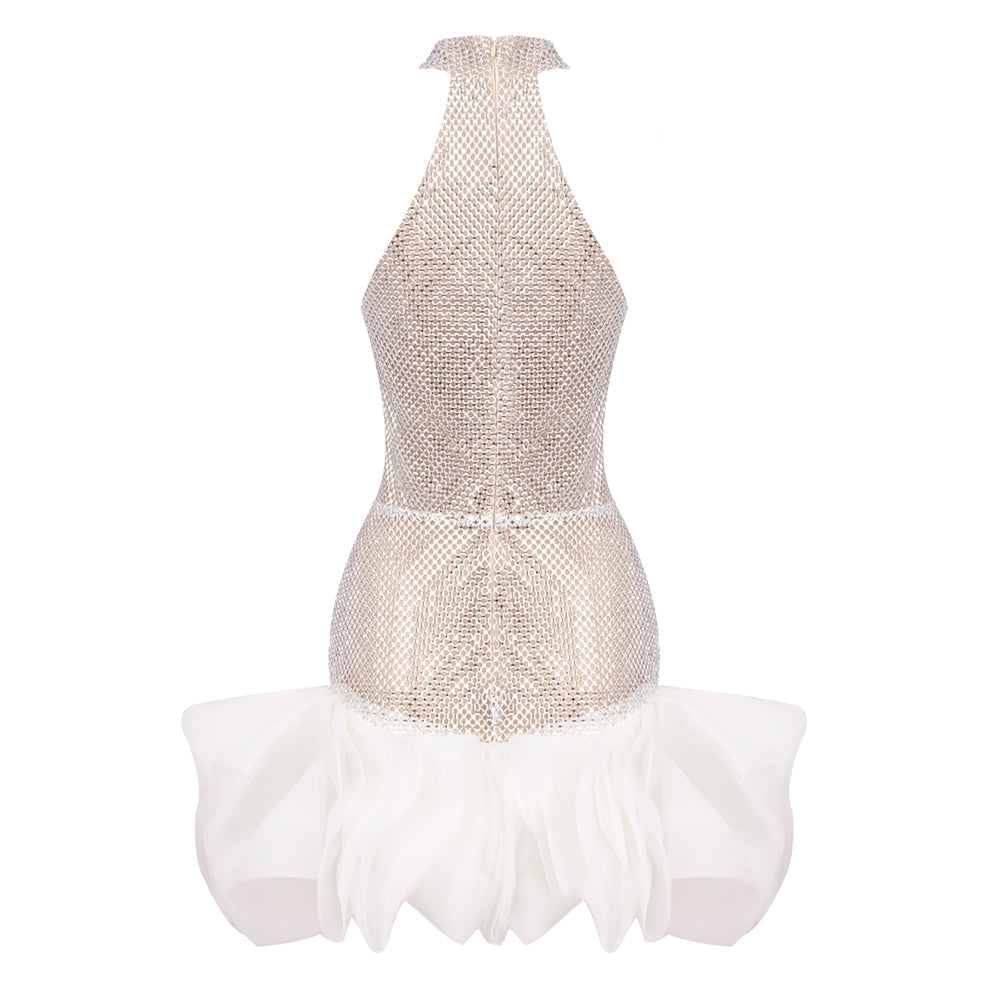 Halter Crystal Ruffle Dress White HV1827