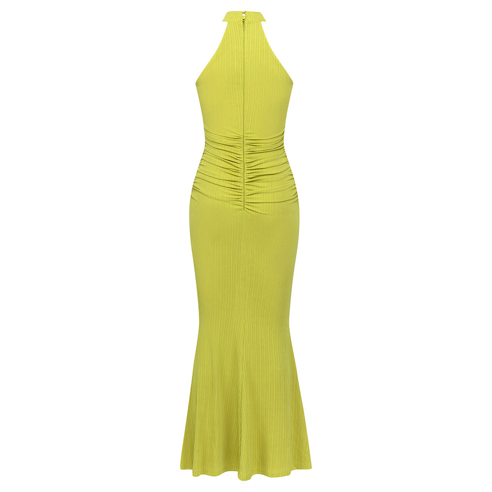 Halter Flower Detail Ruched Maxi Dress Green HV9688