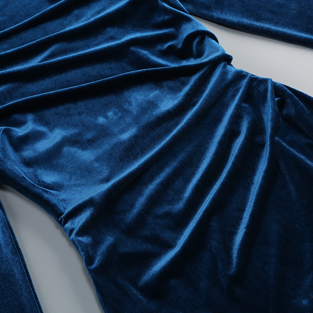 Feather Long Sleeve Velvet Dress Blue