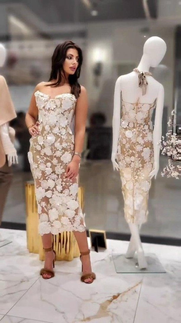 Strapless Bustier Floral Lace Midi Dress White HV1017
