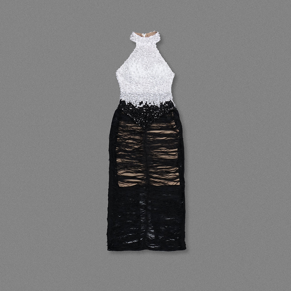 Pearl Sequin Tassel Maxi Dress White Black HV2129