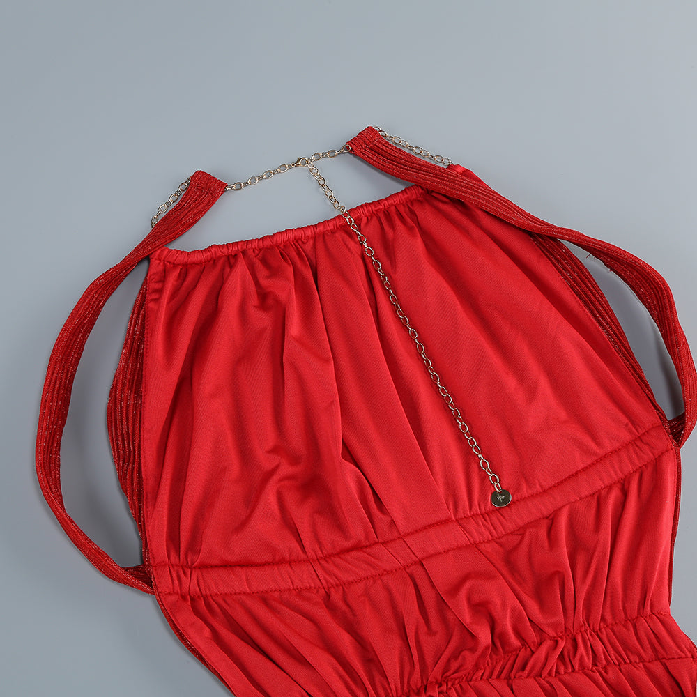 Halter Sparkly Pleated Maxi Dress Red HV1937