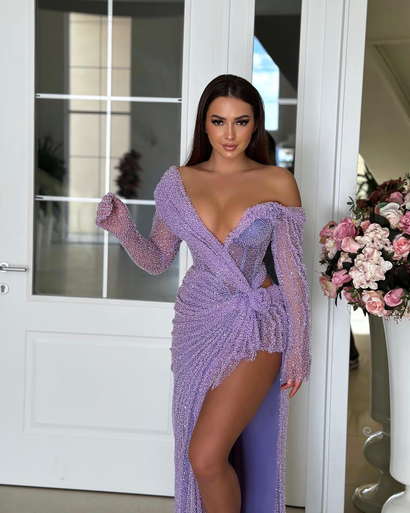 Long Sleeve Floral Sequin Maxi Dress Lavender HV1797