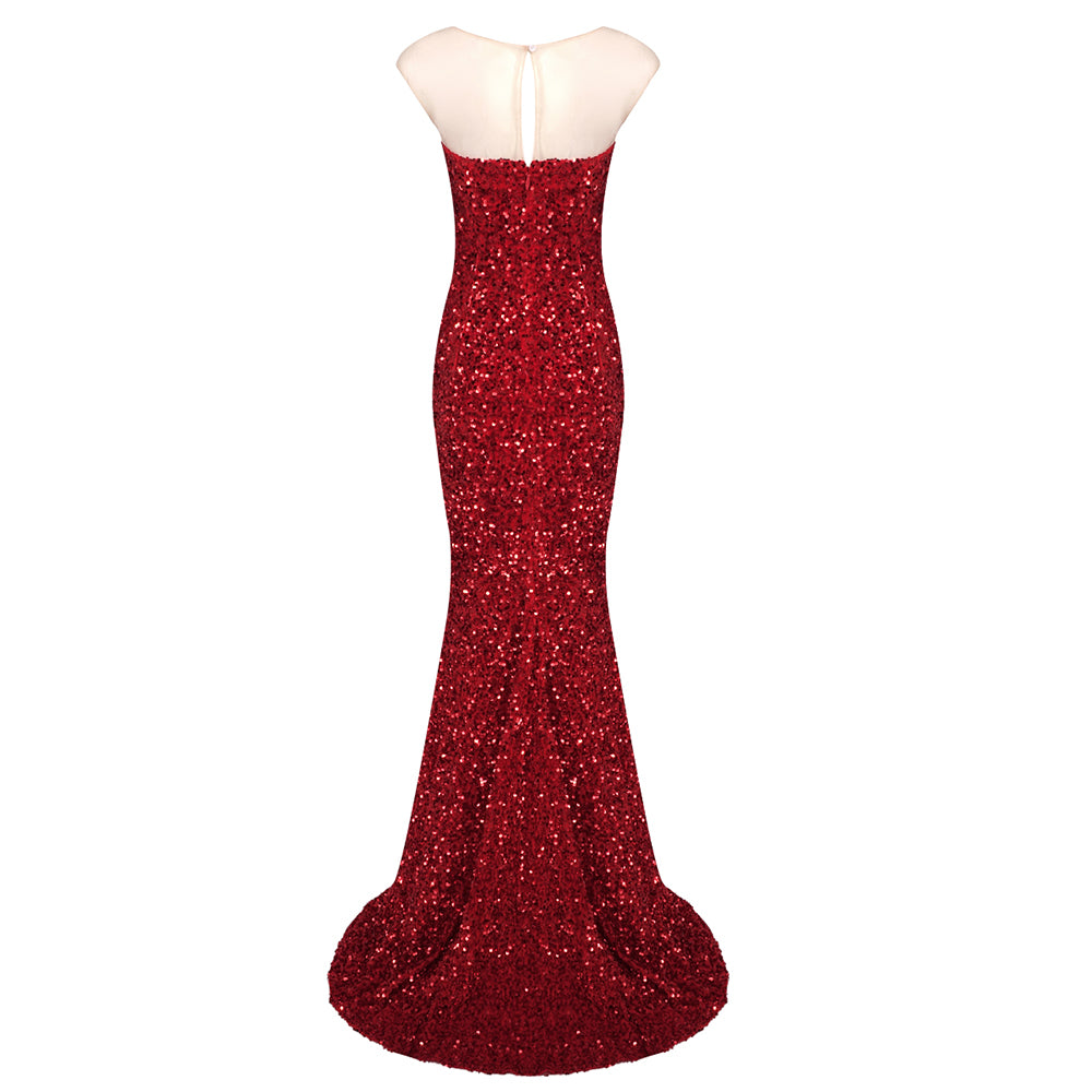 Mesh Insert Sequin Mermaid Maxi Dress Red HV1148