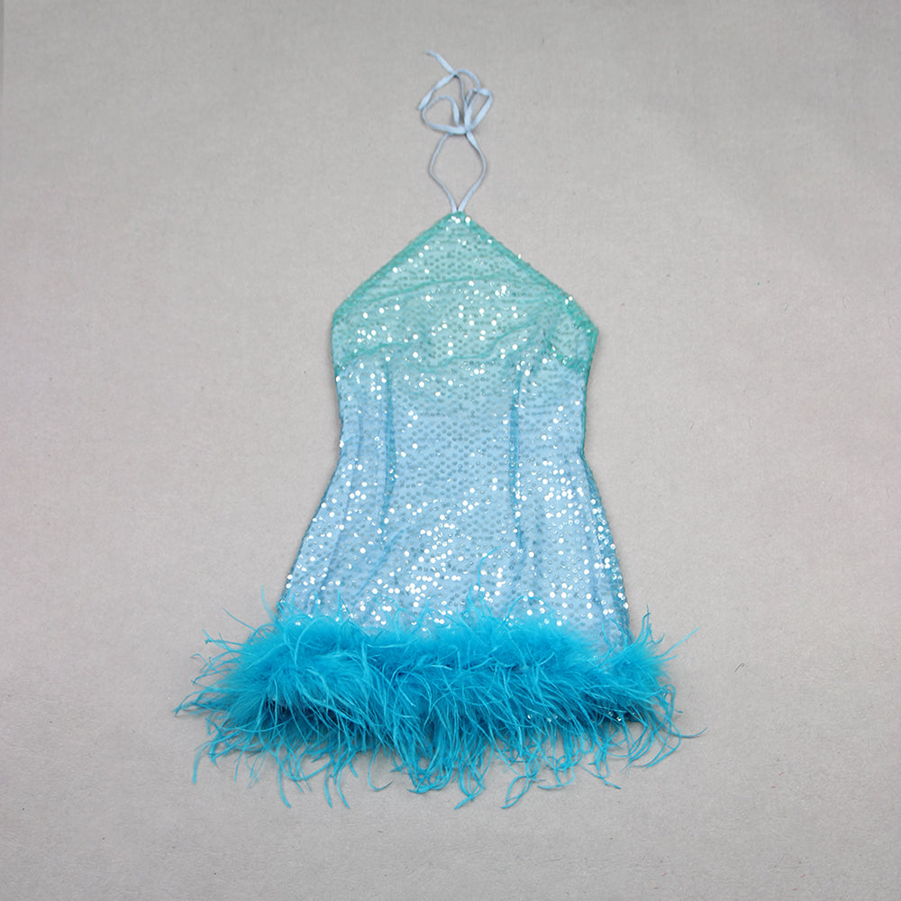 Halter Sequin Feather Hem Dress Blue HV9881