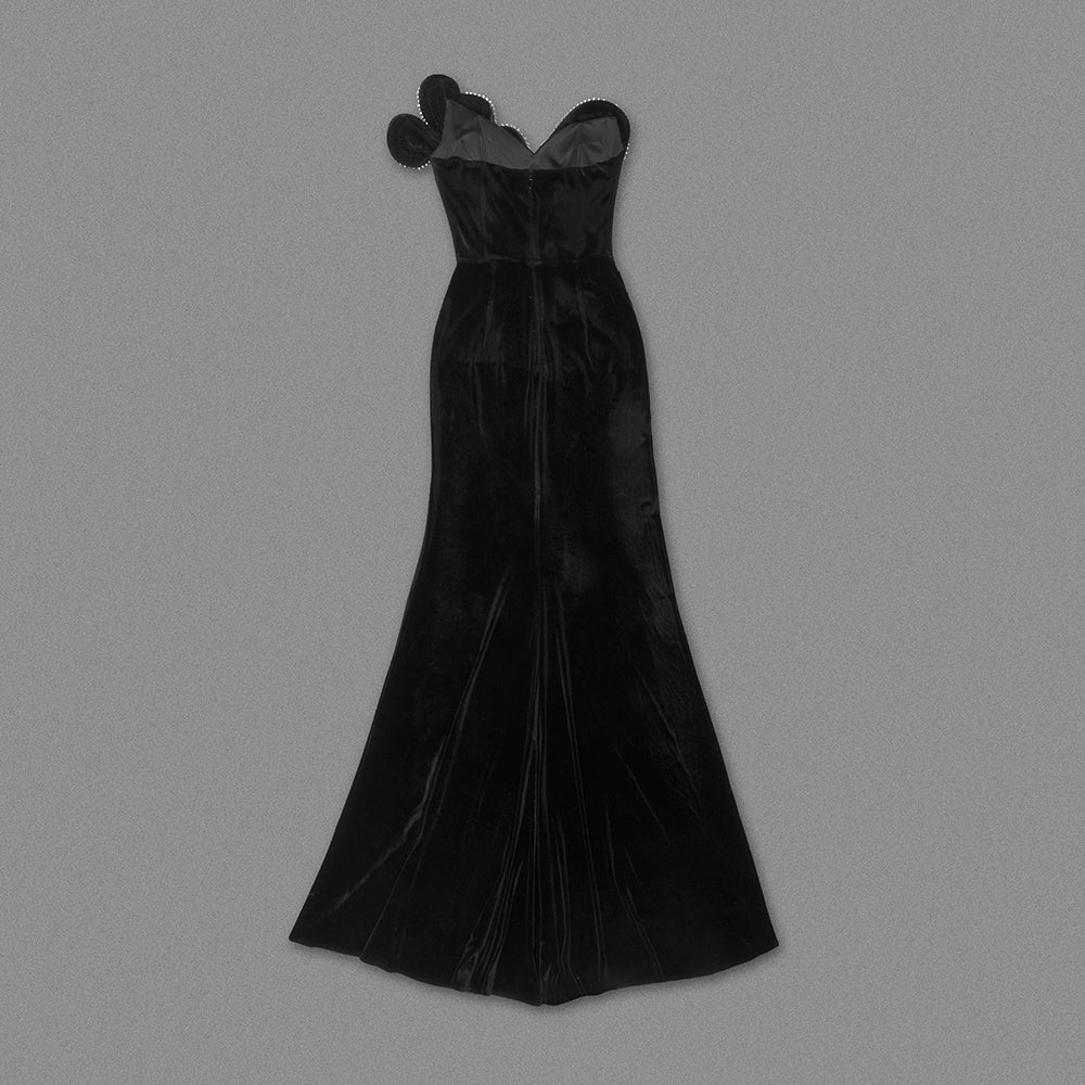 Strapless Crystal Filigree Maxi Velvet Dress Black HV1298