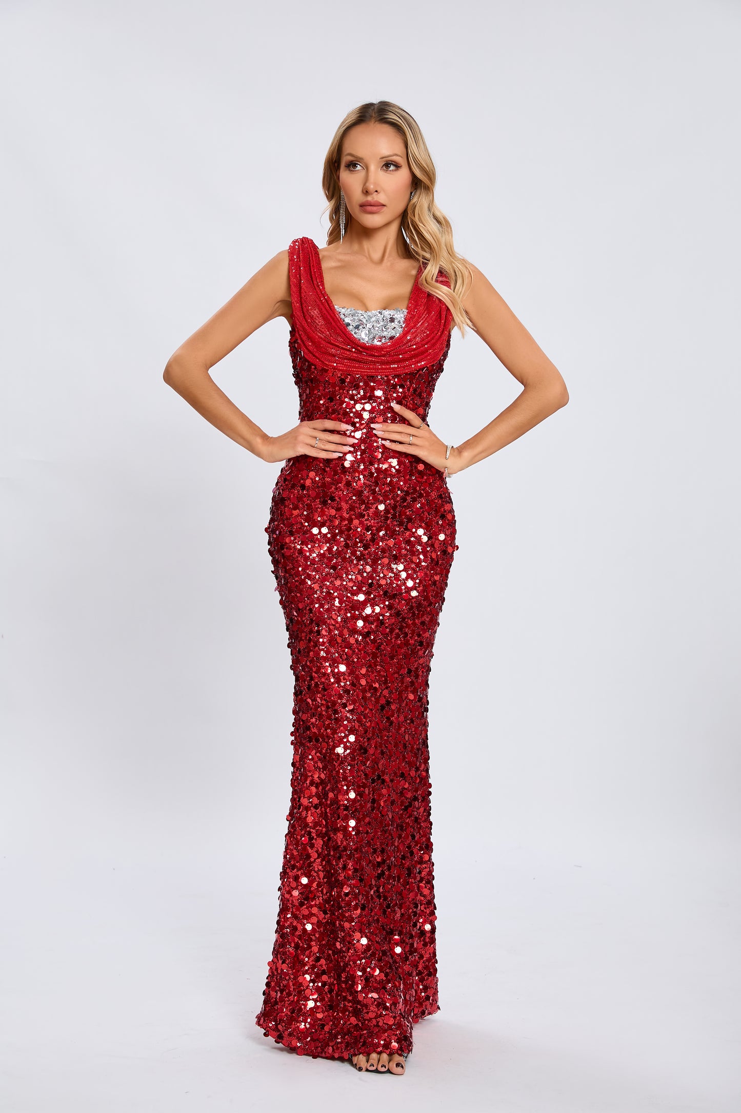 Draped Sequin Maxi Dress Red Silver HV1924