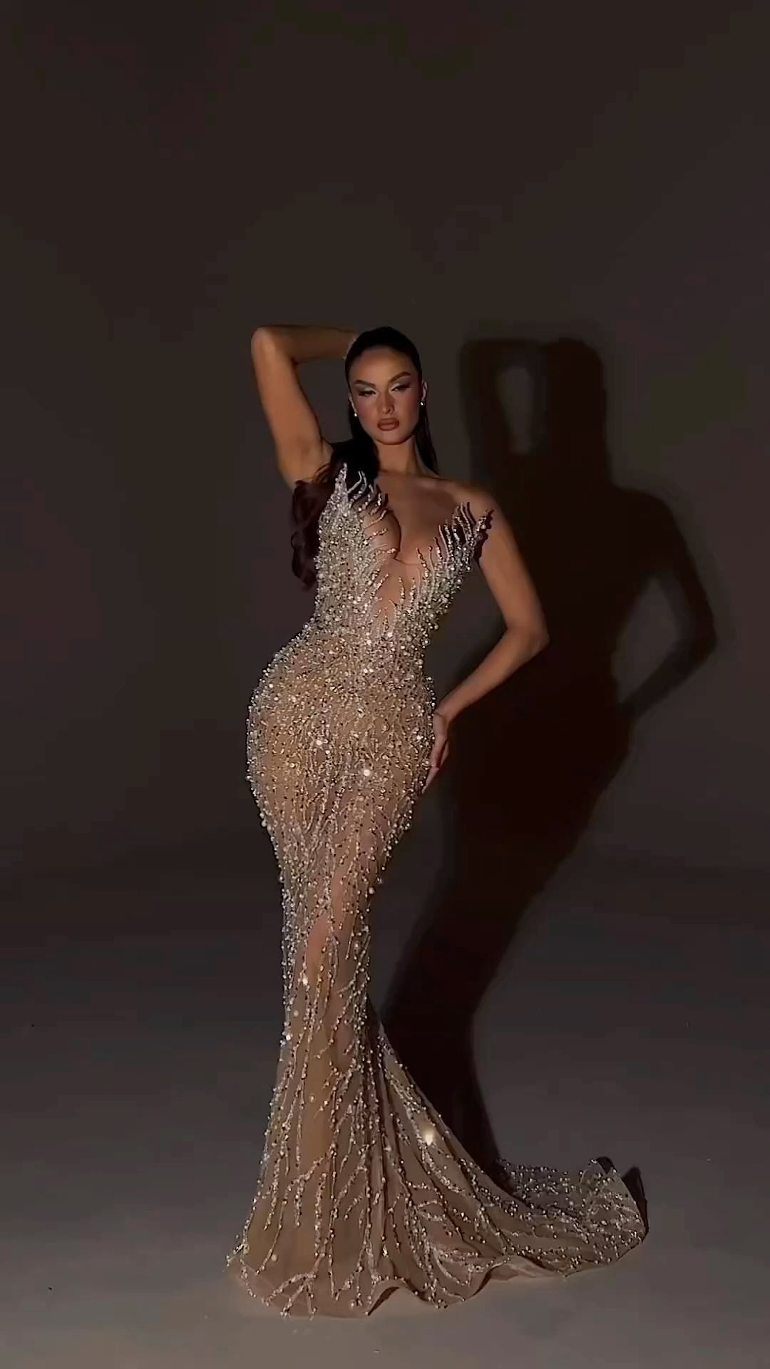 Strapless Crystal Pearl Sequin Maxi Dress Nude HV2146